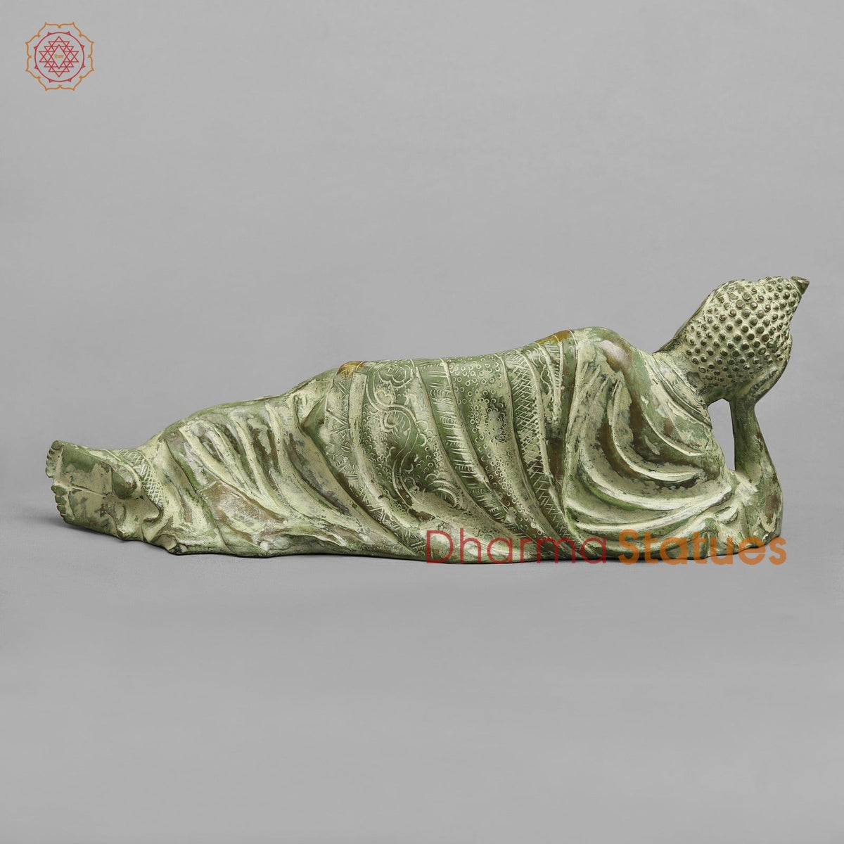 Brass Buddha Resting Fine, Leaf Green Patina 12”