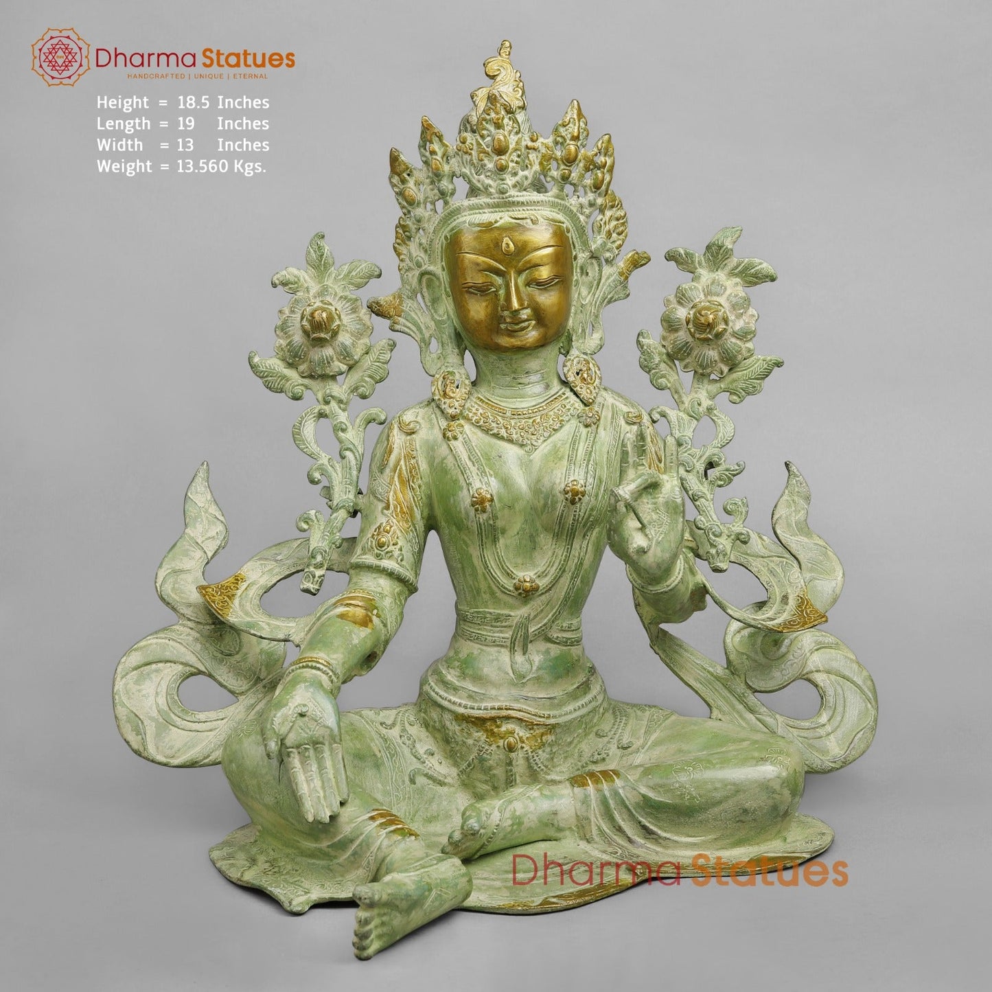 Brass Green Tara Seated with Flowers, Leaf green Patina 18.5”