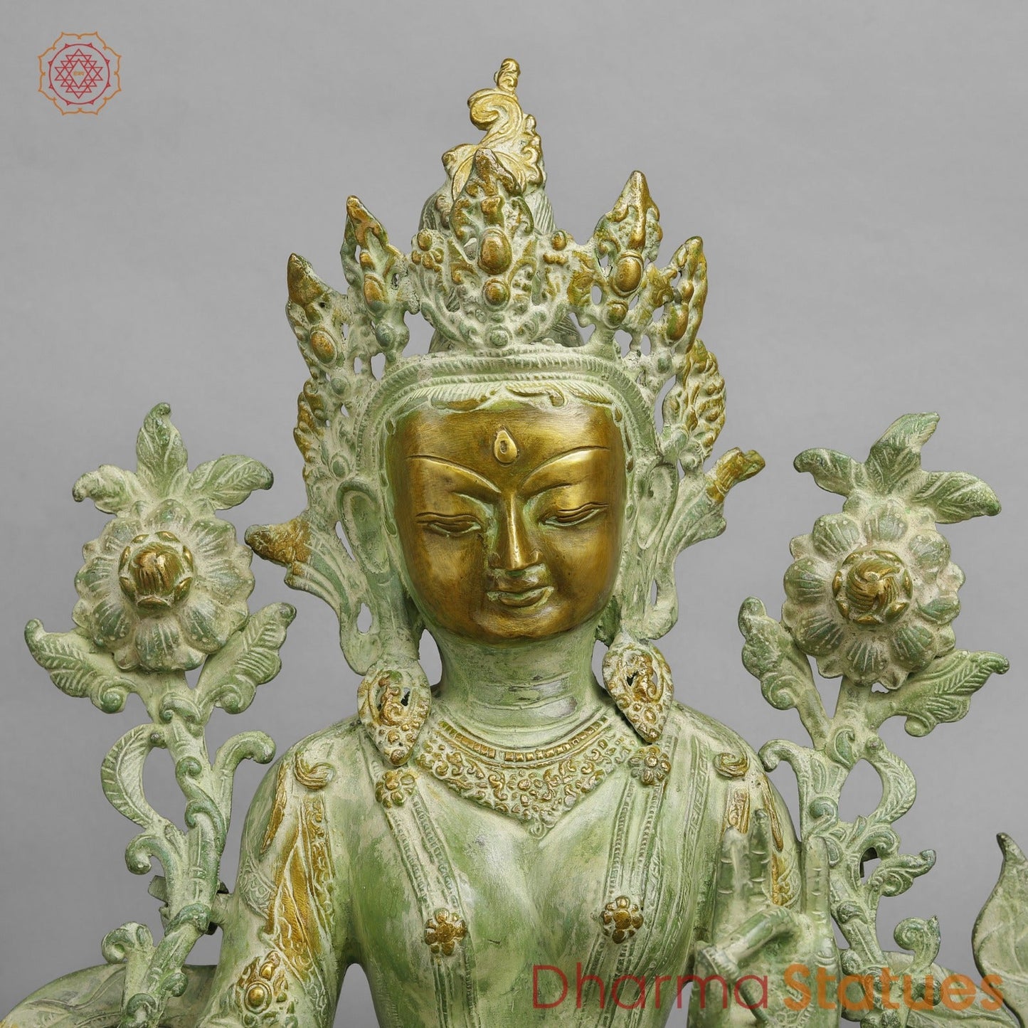 Brass Green Tara Seated with Flowers, Leaf green Patina 18.5”