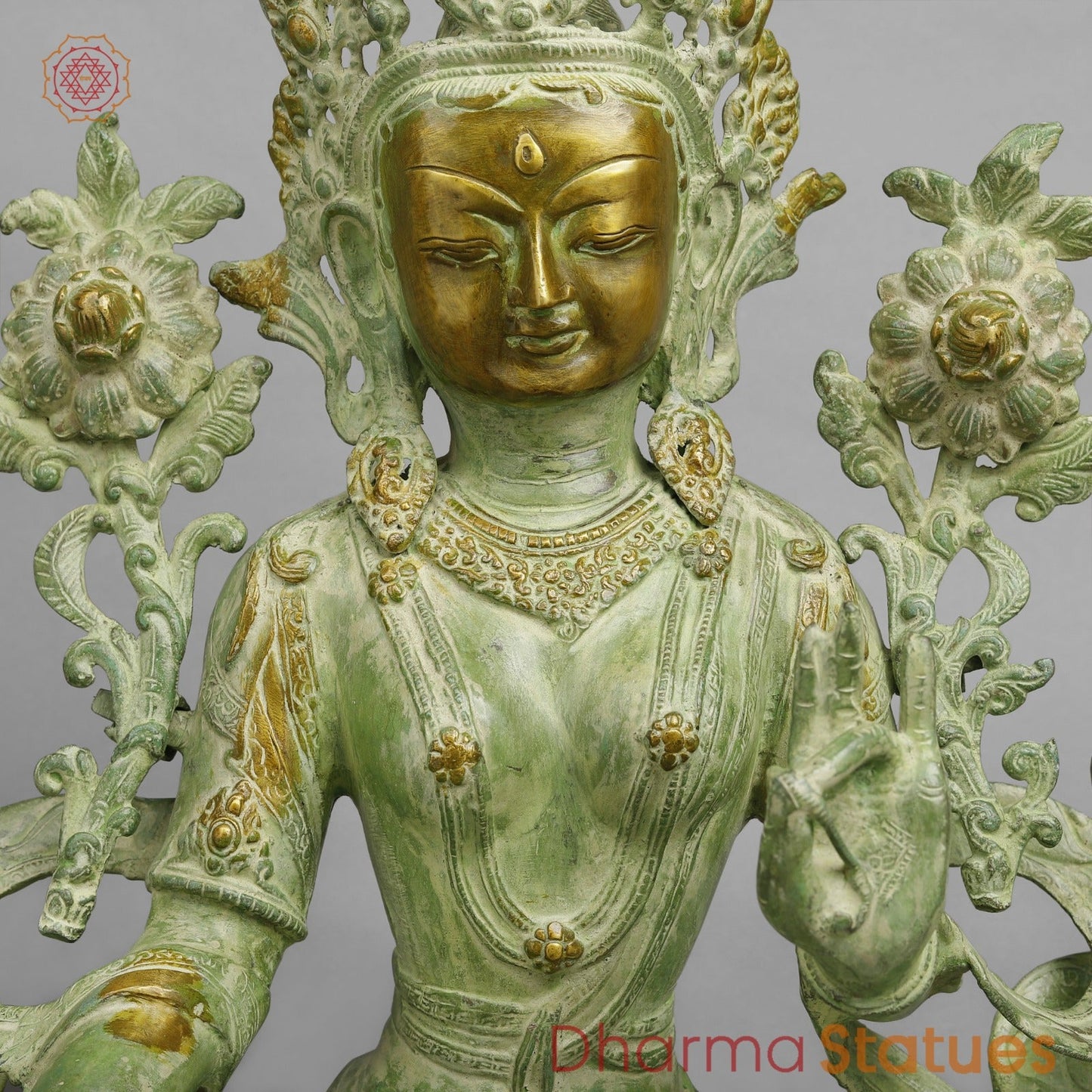 Brass Green Tara Seated with Flowers, Leaf green Patina 18.5”