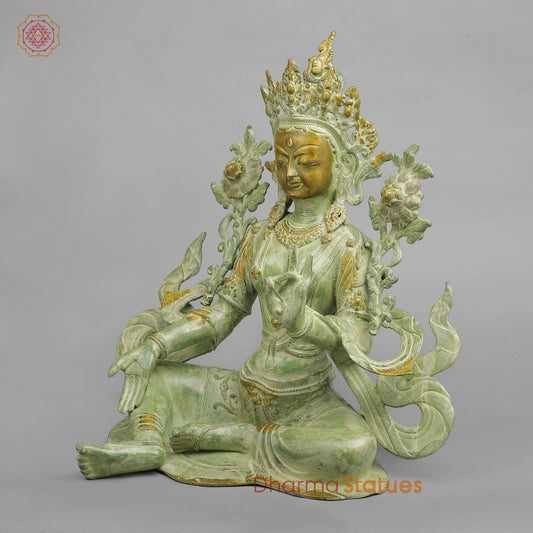 Brass Green Tara Seated with Flowers, Leaf green Patina 18.5”