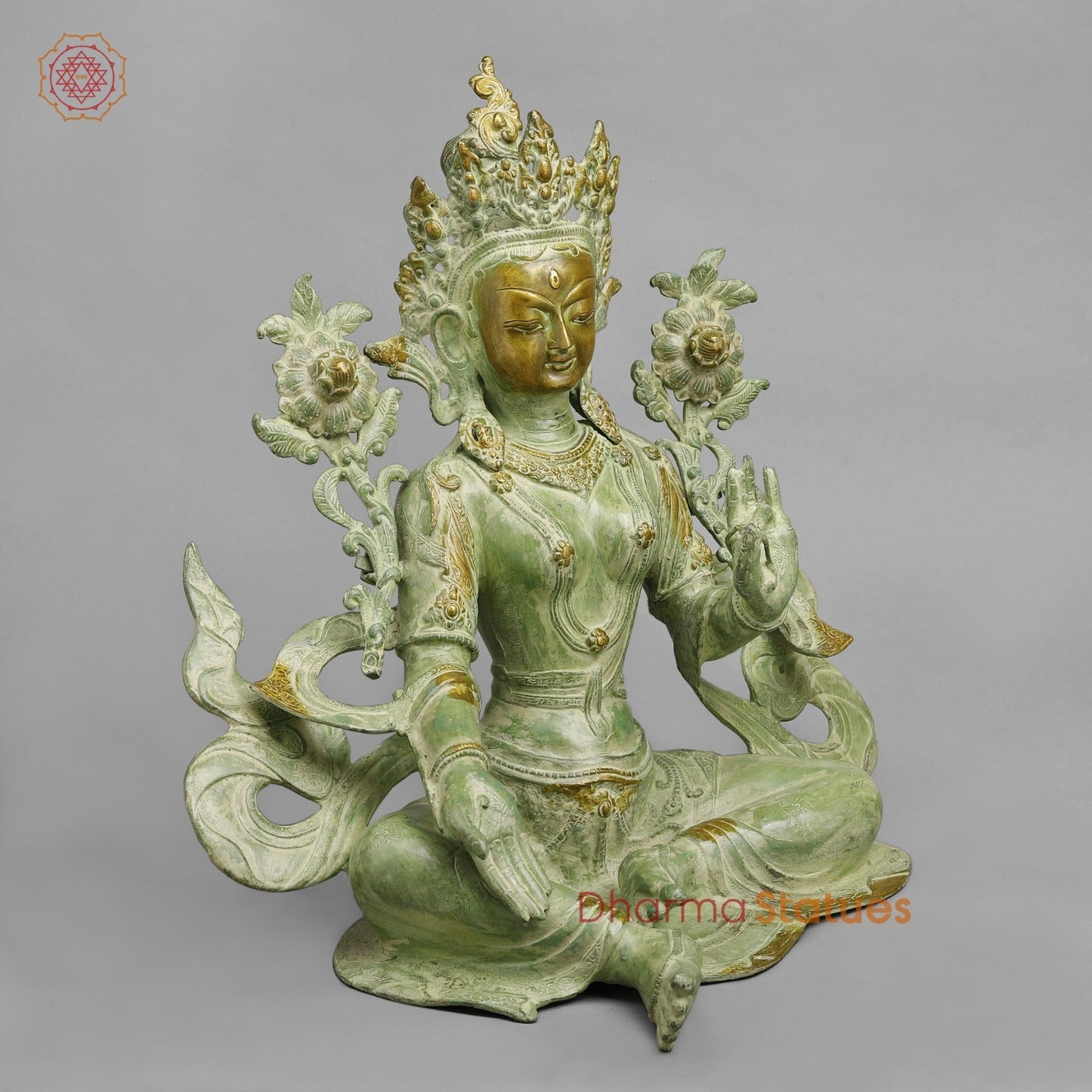 Brass Green Tara Seated with Flowers, Leaf green Patina 18.5”
