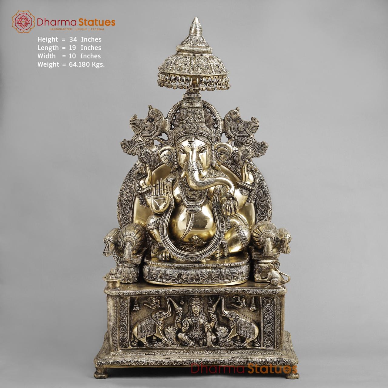 Brass Ganesh Seated On Throne, Glossy Finish 34”