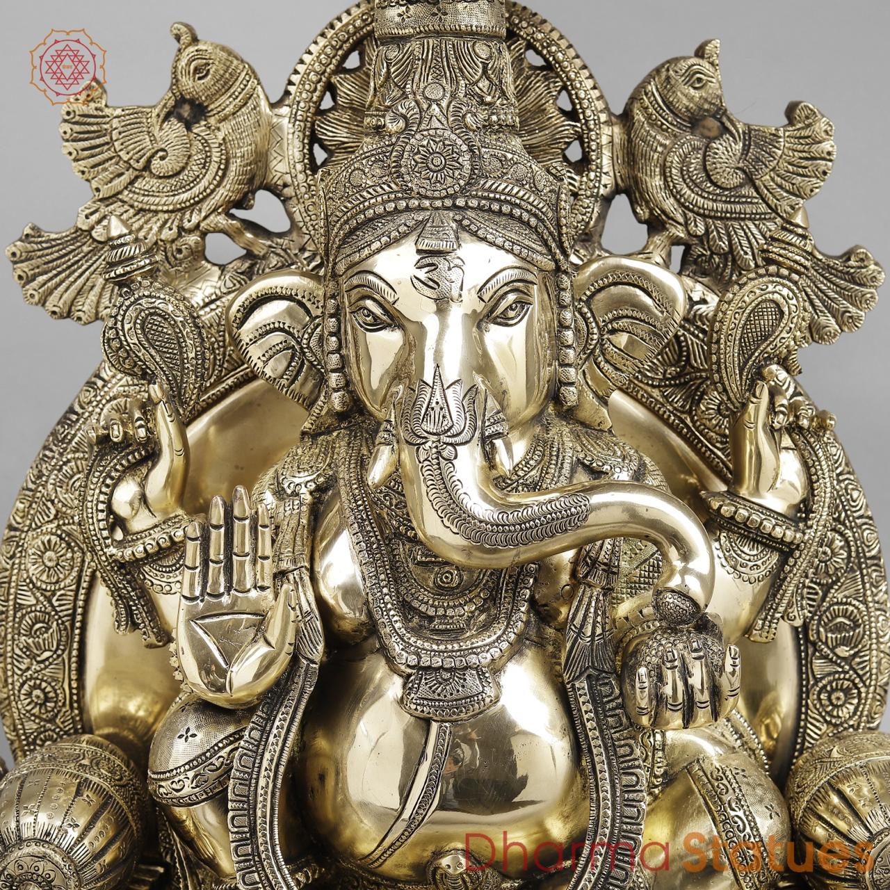 Brass Ganesh Seated On Throne, Glossy Finish 34”
