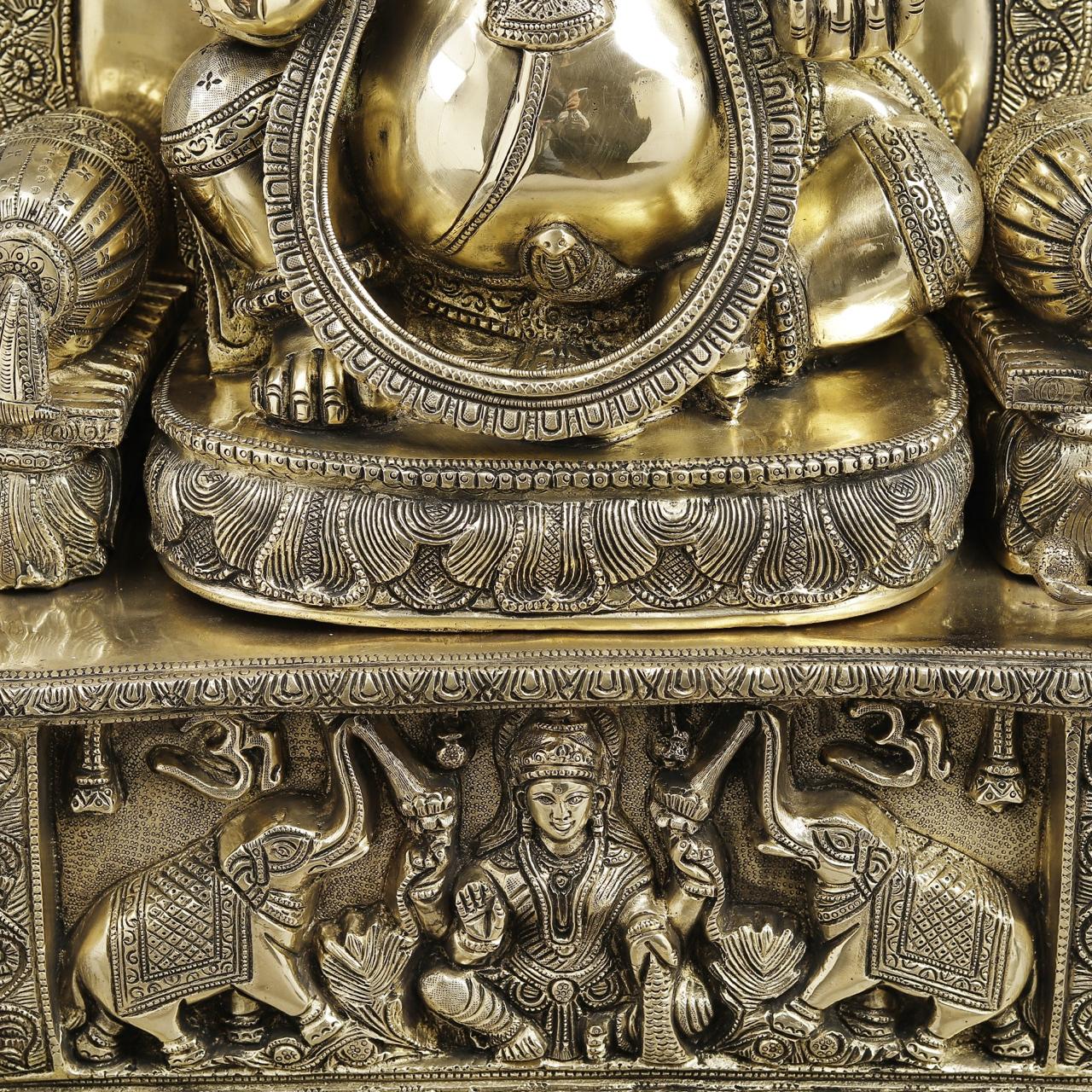 Brass Ganesh Seated On Throne, Glossy Finish 34”