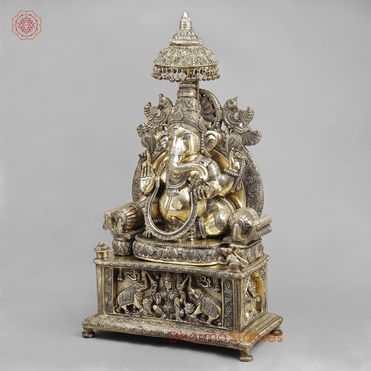 Brass Ganesh Seated On Throne, Glossy Finish 34”