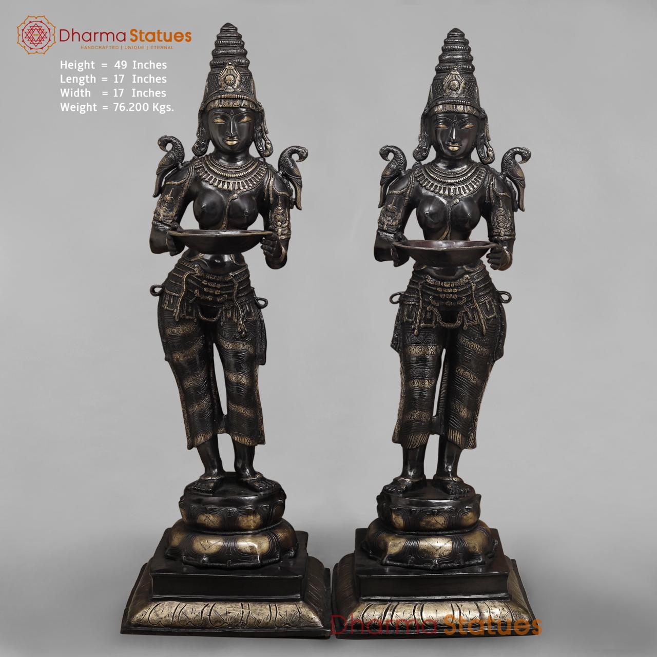 Brass Deepam Lakshmi Standing Large, Royal Black Finish 49”