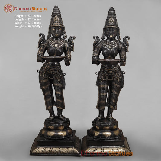Brass Deepam Lakshmi Standing Large, Royal Black Finish 49”