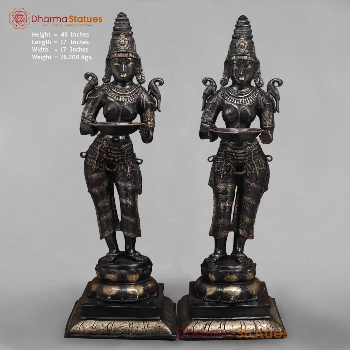 Brass Deepam Lakshmi Standing Large, Royal Black Finish 49”