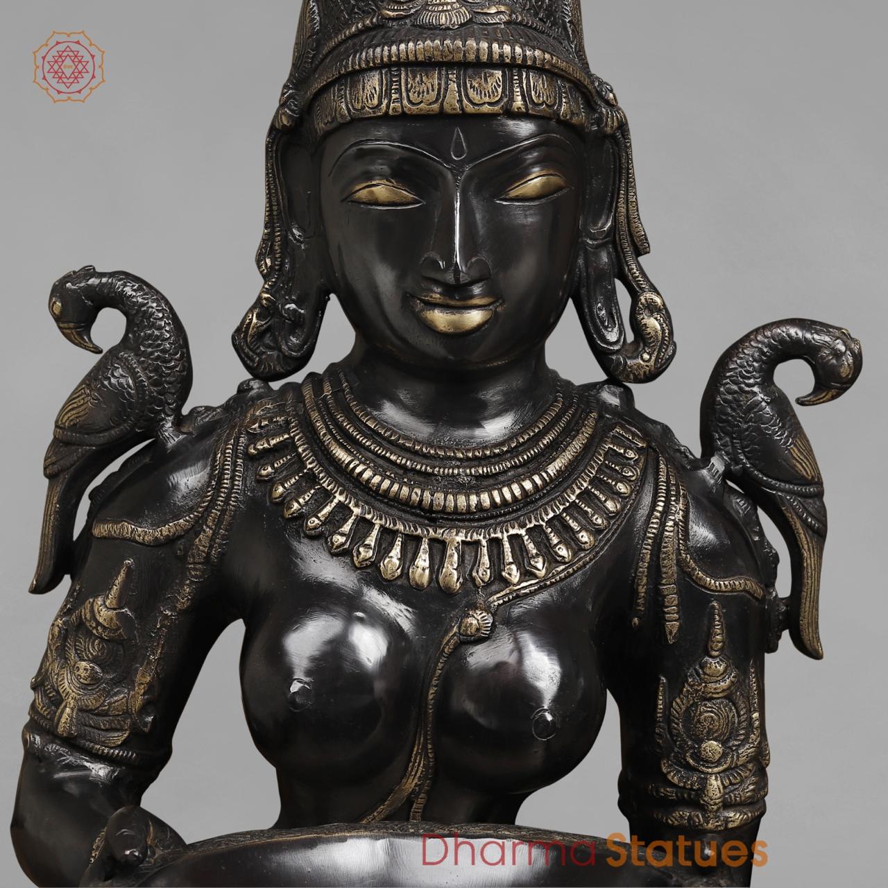 Brass Deepam Lakshmi Standing Large, Royal Black Finish 49”
