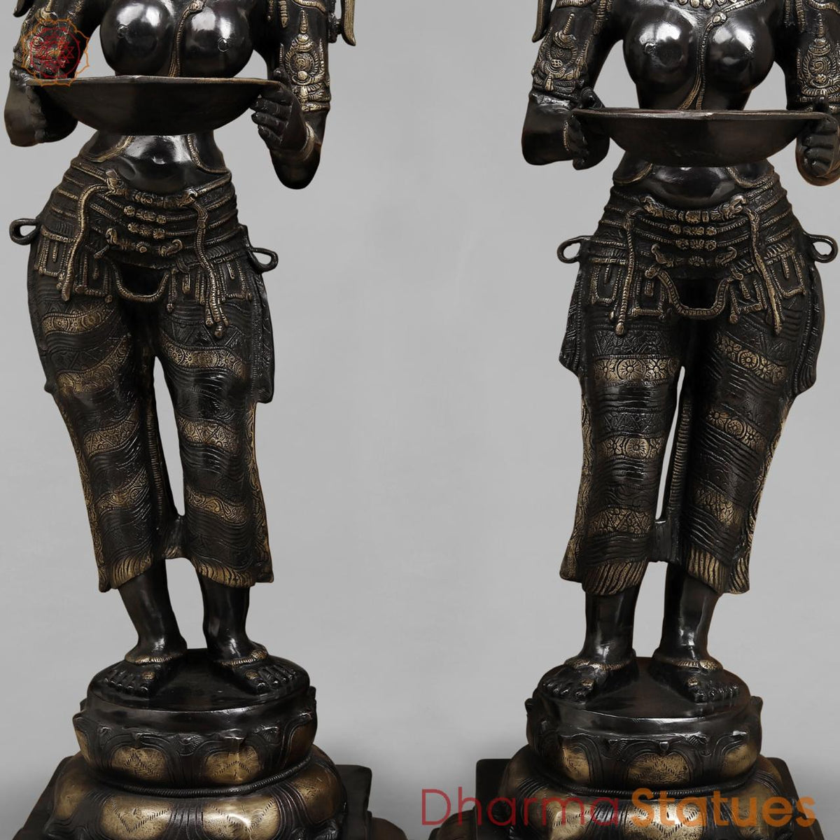 Brass Deepam Lakshmi Standing Large, Royal Black Finish 49”
