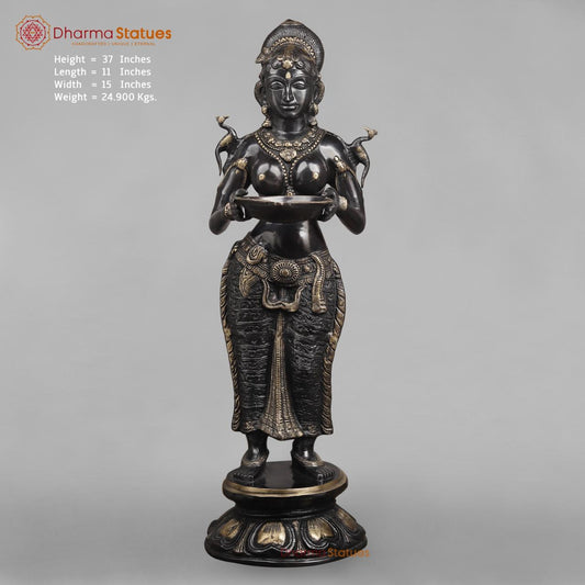Brass Deepam Lakshmi Standing Large, Royal Black Finish 37”