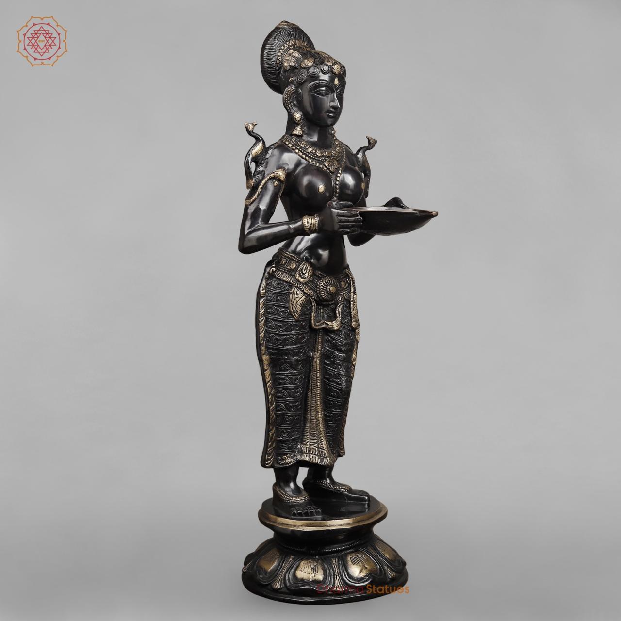 Brass Deepam Lakshmi Standing Large, Royal Black Finish 37”
