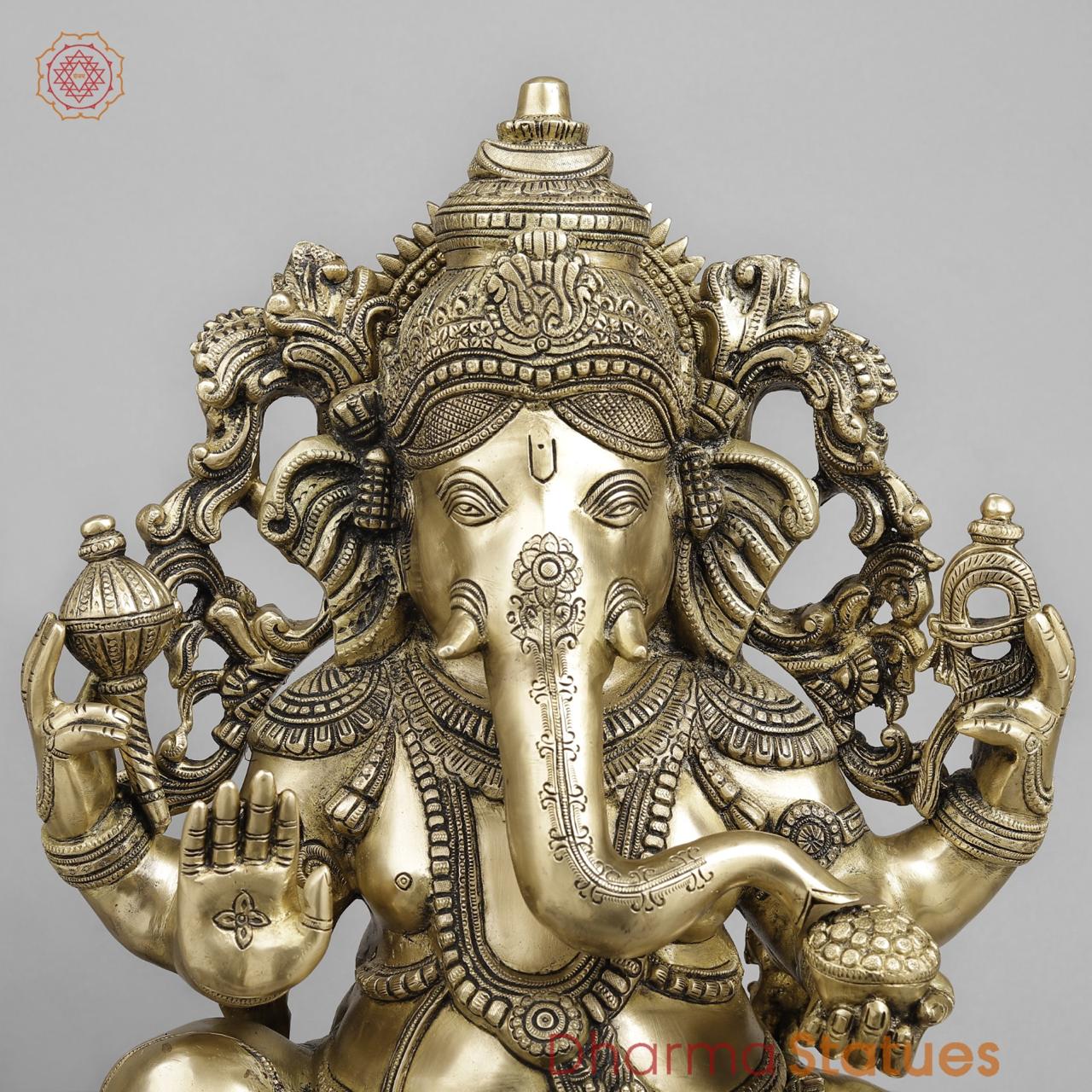Brass Ganesh Seated with Beautiful ornaments, Smooth Finish 24”