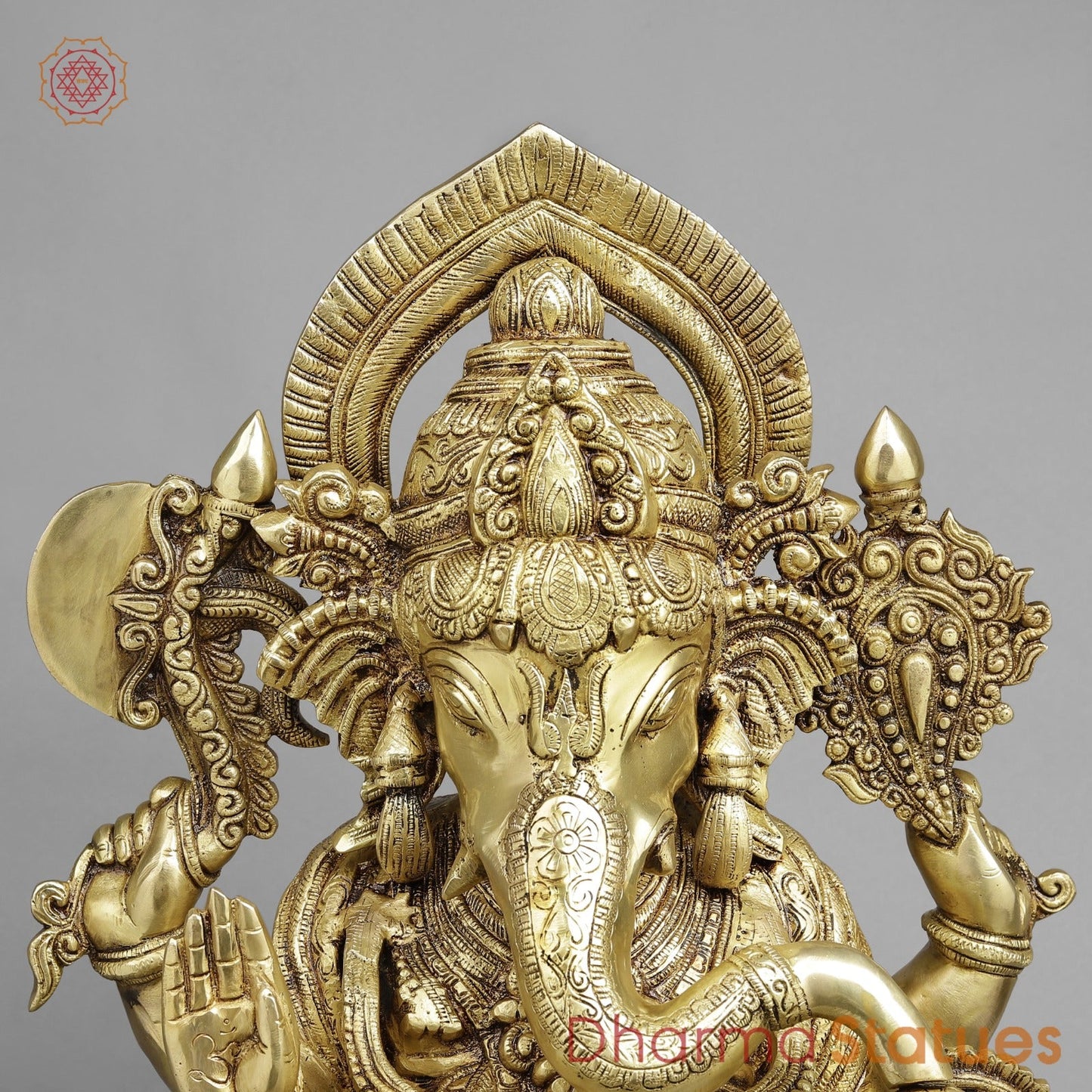Brass Ganesh Seated with Om carved on Pedestal Fine, Gold Finish 23”