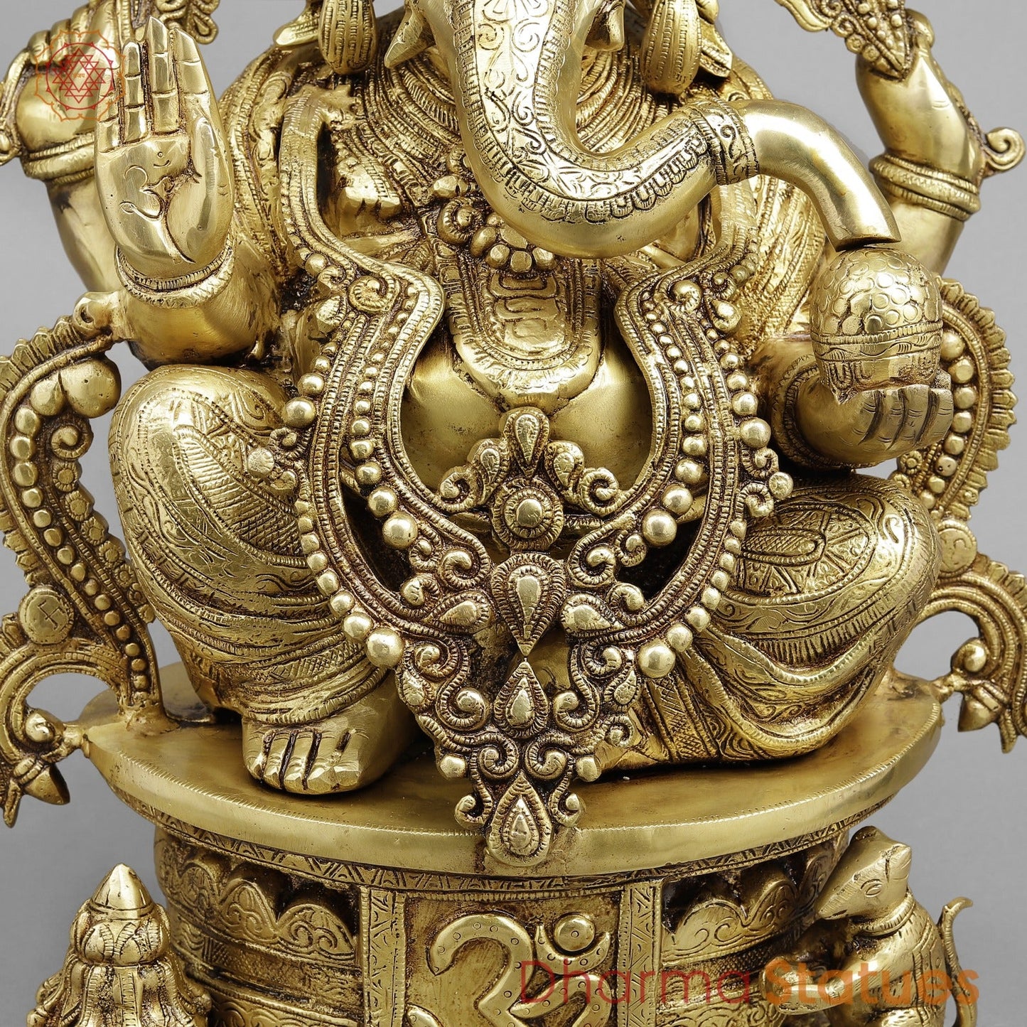 Brass Ganesh Seated with Om carved on Pedestal Fine, Gold Finish 23”