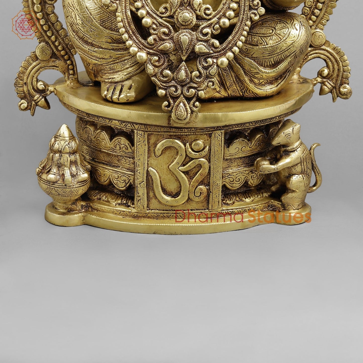 Brass Ganesh Seated with Om carved on Pedestal Fine, Gold Finish 23”