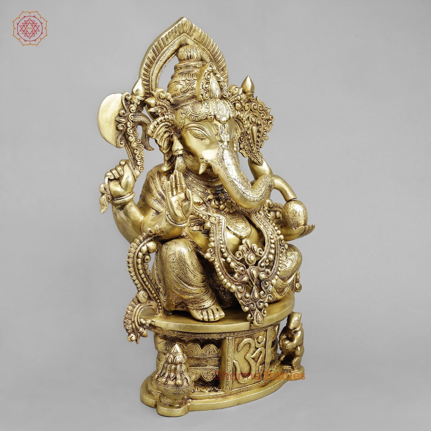 Brass Ganesh Seated with Om carved on Pedestal Fine, Gold Finish 23”