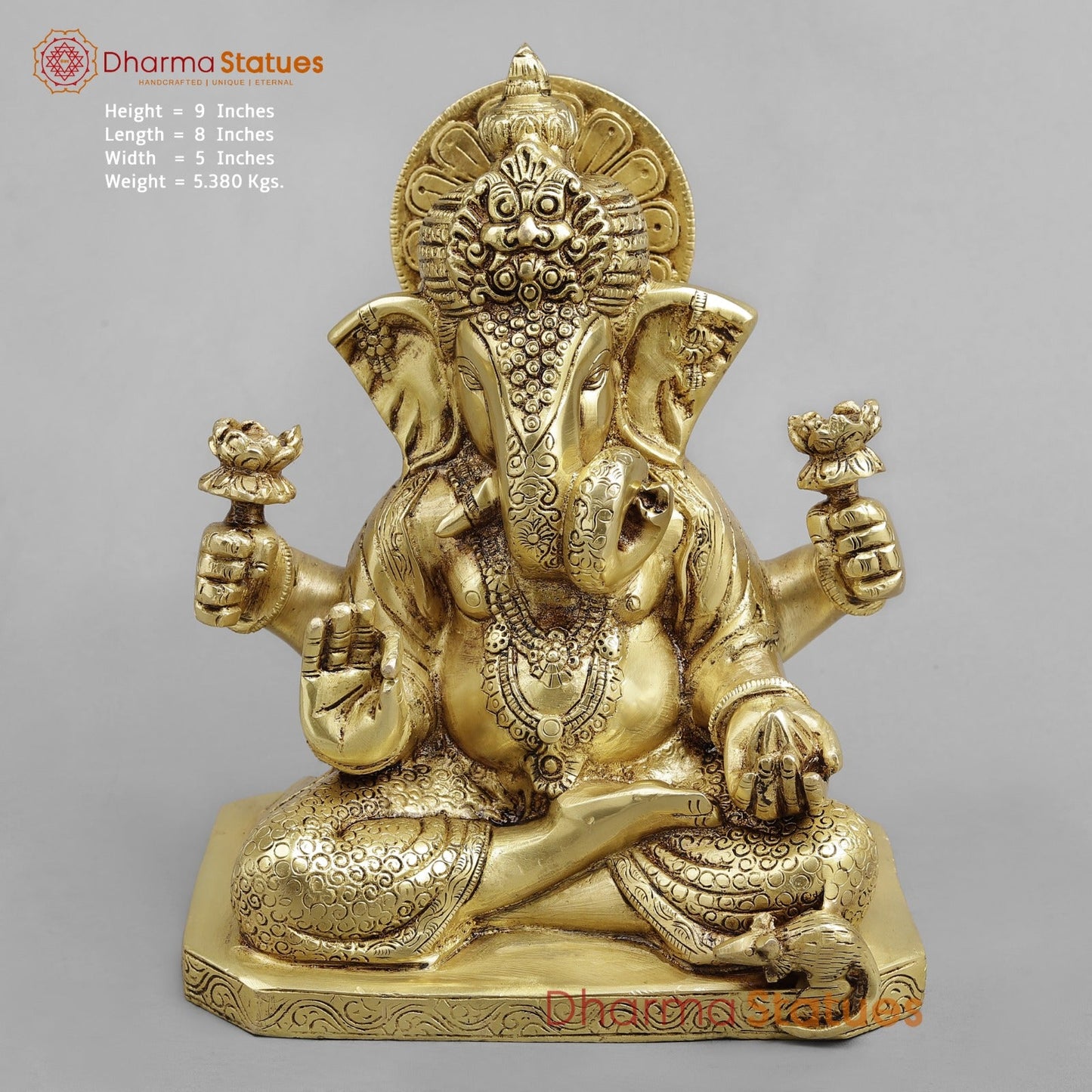 Brass Dagru Seth Ganesh Seated fine, Golden finish 9”