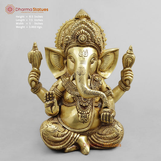 Brass Crown Ganesh seated, Golden Finish 8.5”