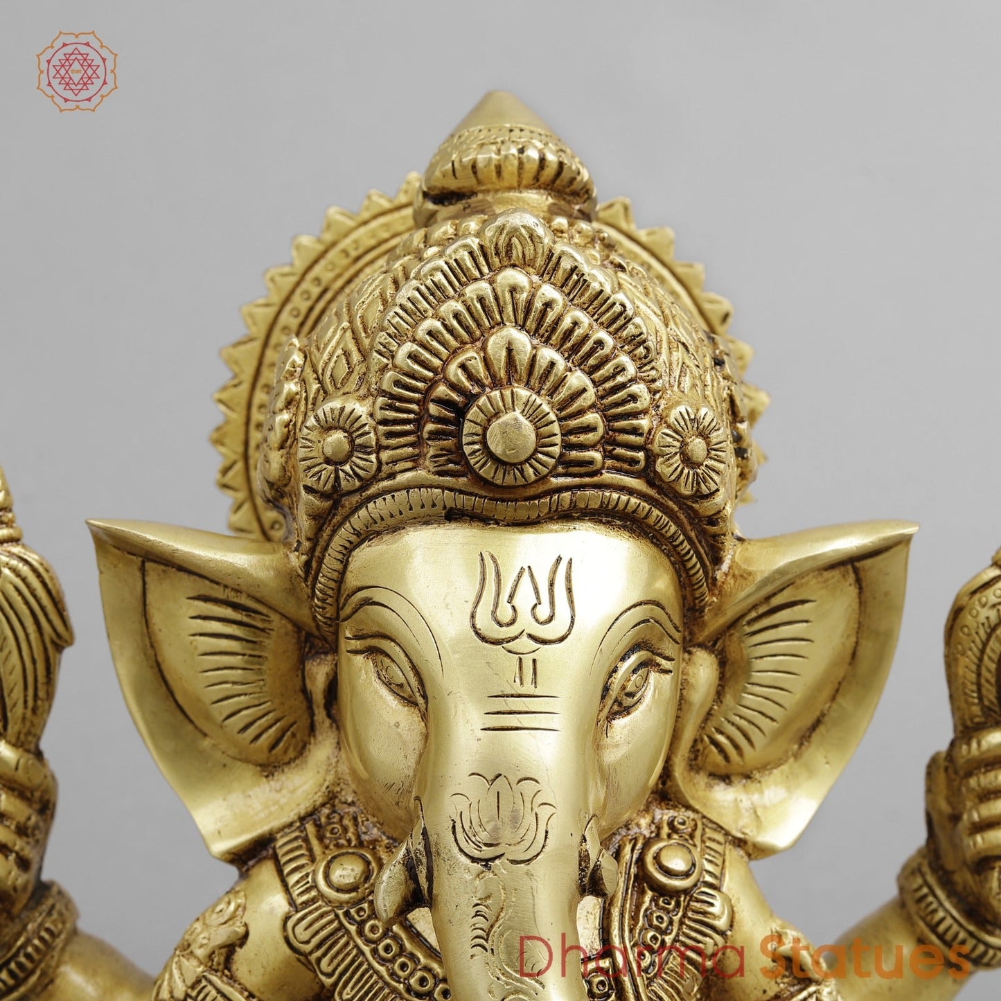Brass Crown Ganesh seated, Golden Finish 8.5”