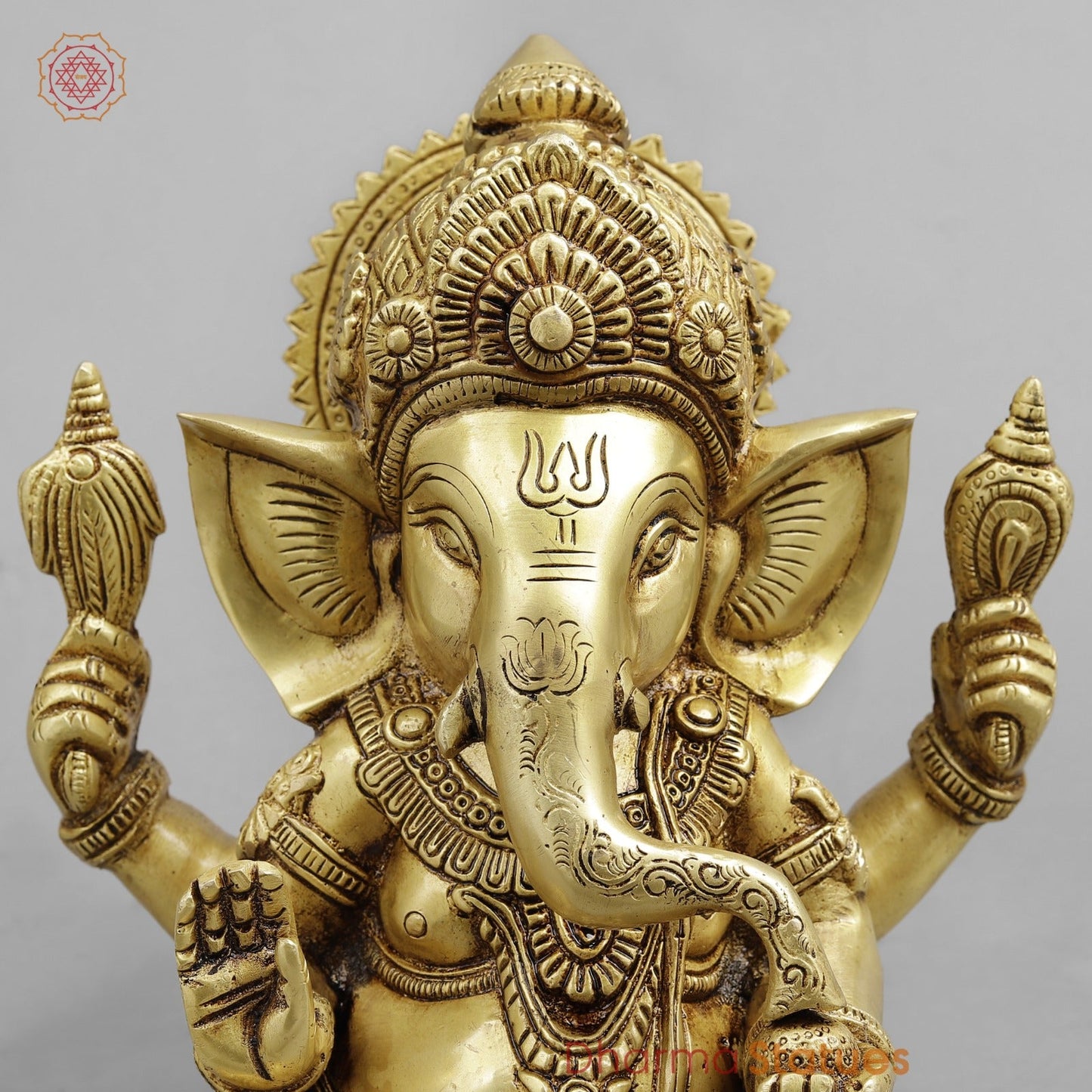 Brass Crown Ganesh seated, Golden Finish 8.5”