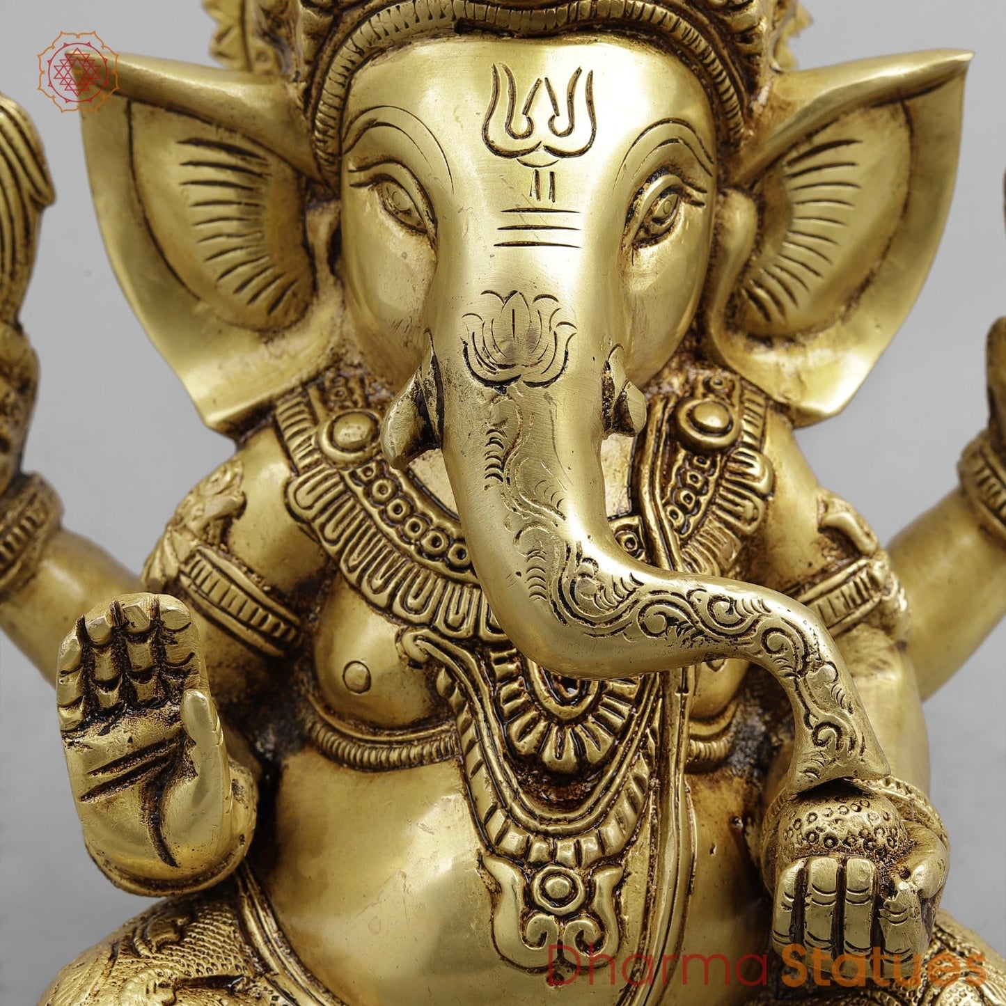 Brass Crown Ganesh seated, Golden Finish 8.5”