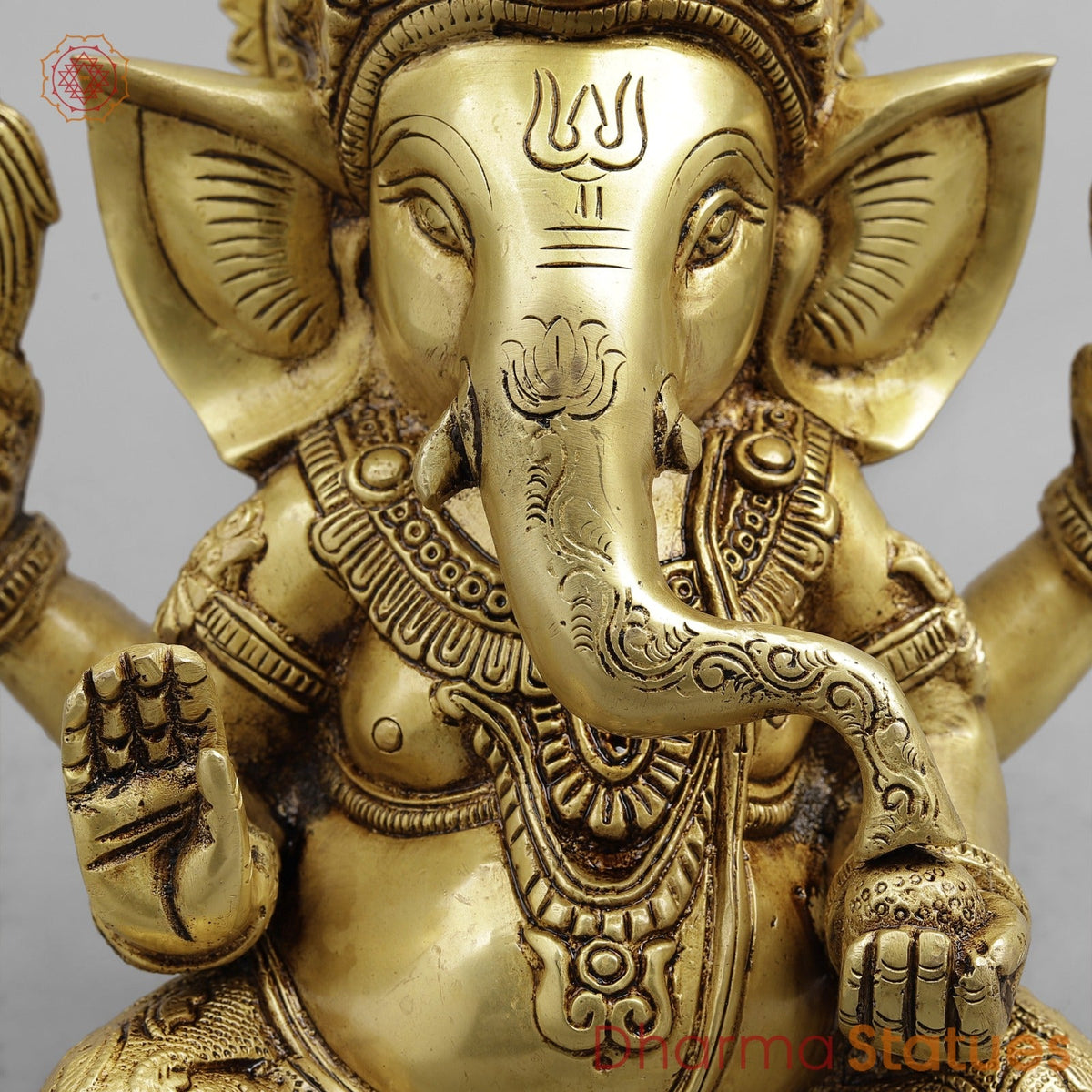 Brass Crown Ganesh seated, Golden Finish 8.5”