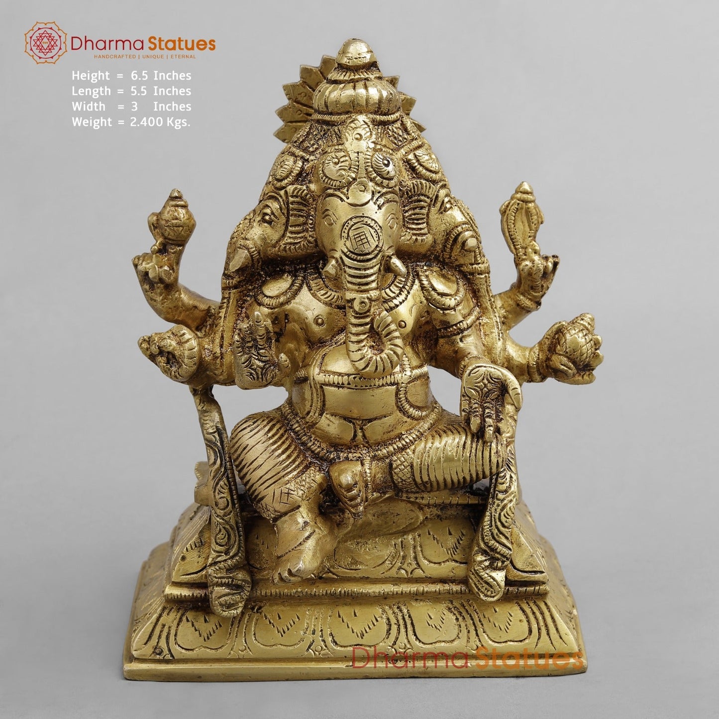 Brass 3 Face Ganesh seated, Golden Finish 6.5”