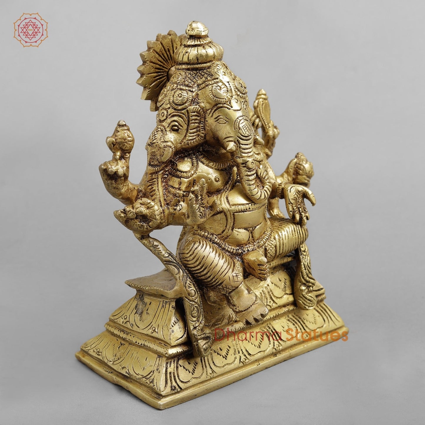 Brass 3 Face Ganesh seated, Golden Finish 6.5”