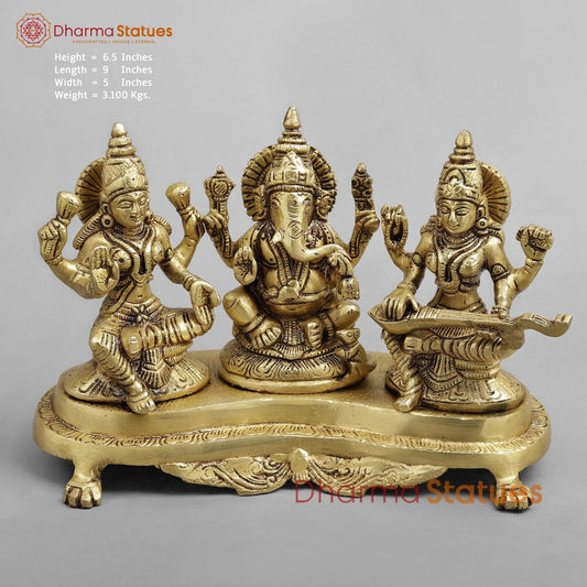 Brass Ganesh Lakshmi Saraswati Trio, Golden Finish 6.5”