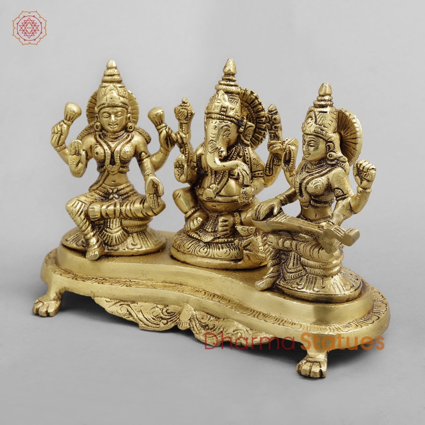 Brass Ganesh Lakshmi Saraswati Trio, Golden Finish 6.5”