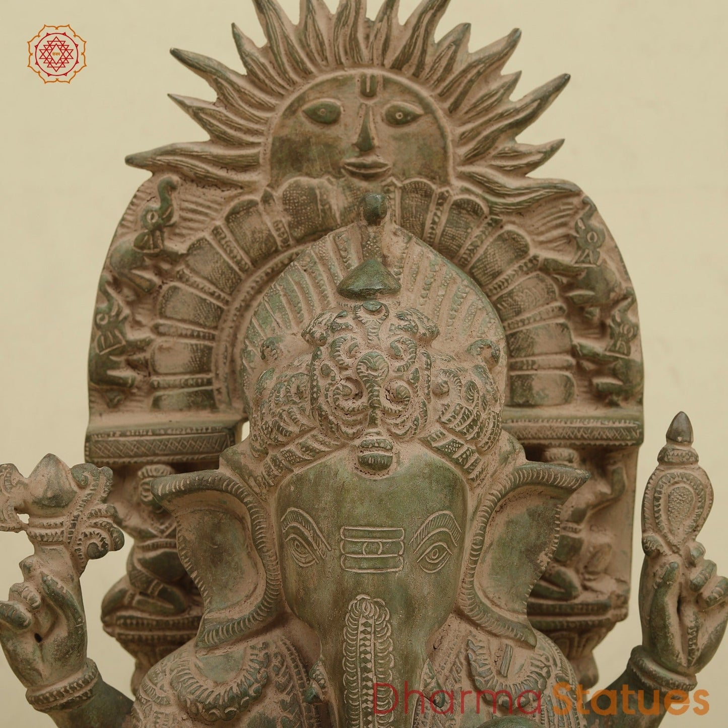 Brass Surya Ganesh With throne, Antique Green Finish 16.5”