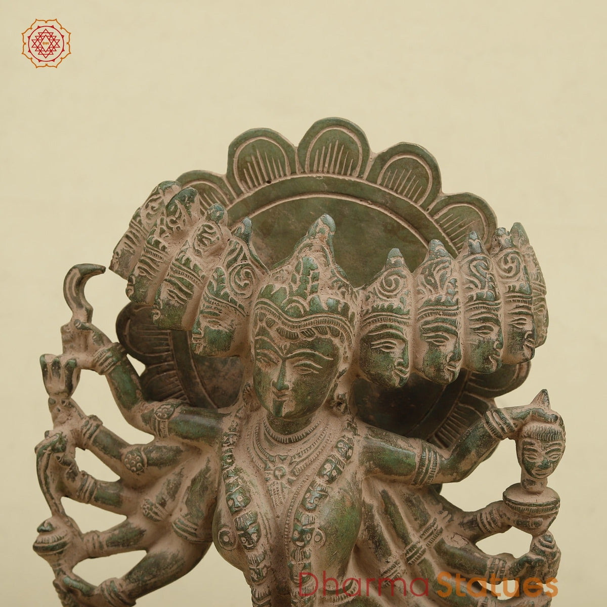 Brass Kaali 10 Face Fine, Antique Green Finish 15.5”