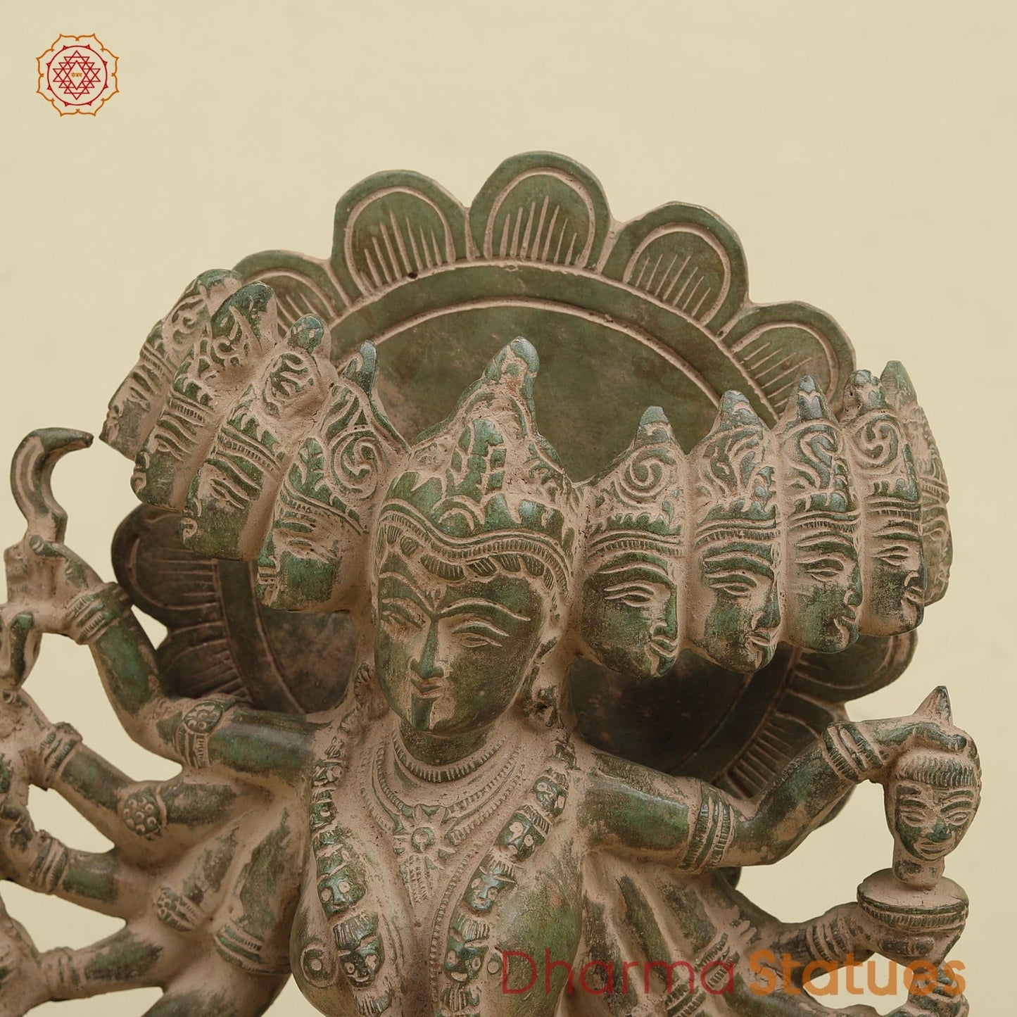 Brass Kaali 10 Face Fine, Antique Green Finish 15.5”