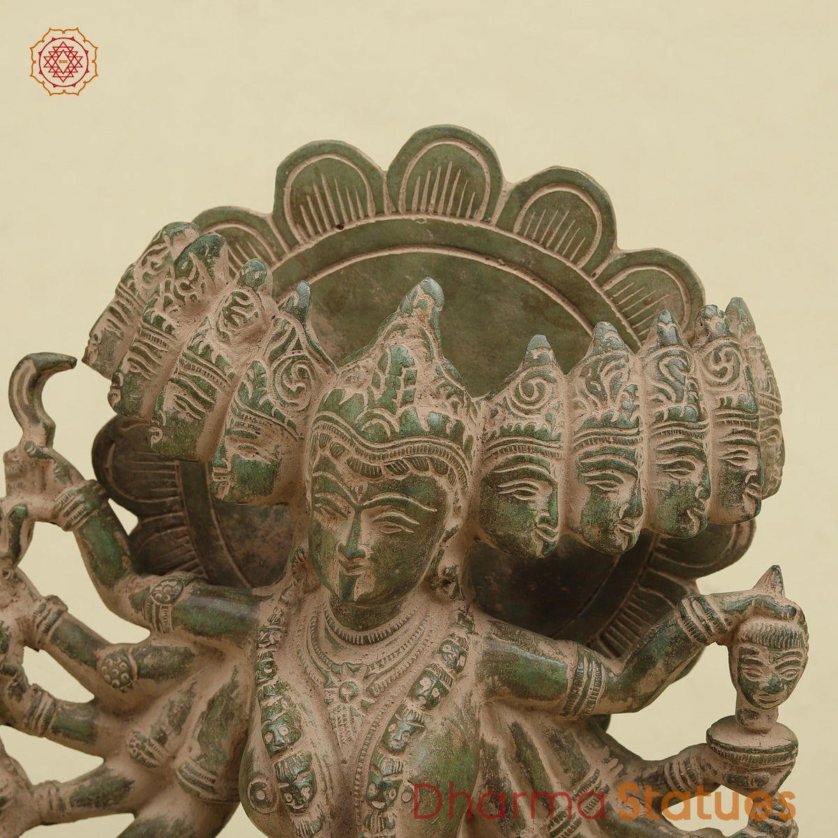 Brass Kaali 10 Face Fine, Antique Green Finish 15.5”