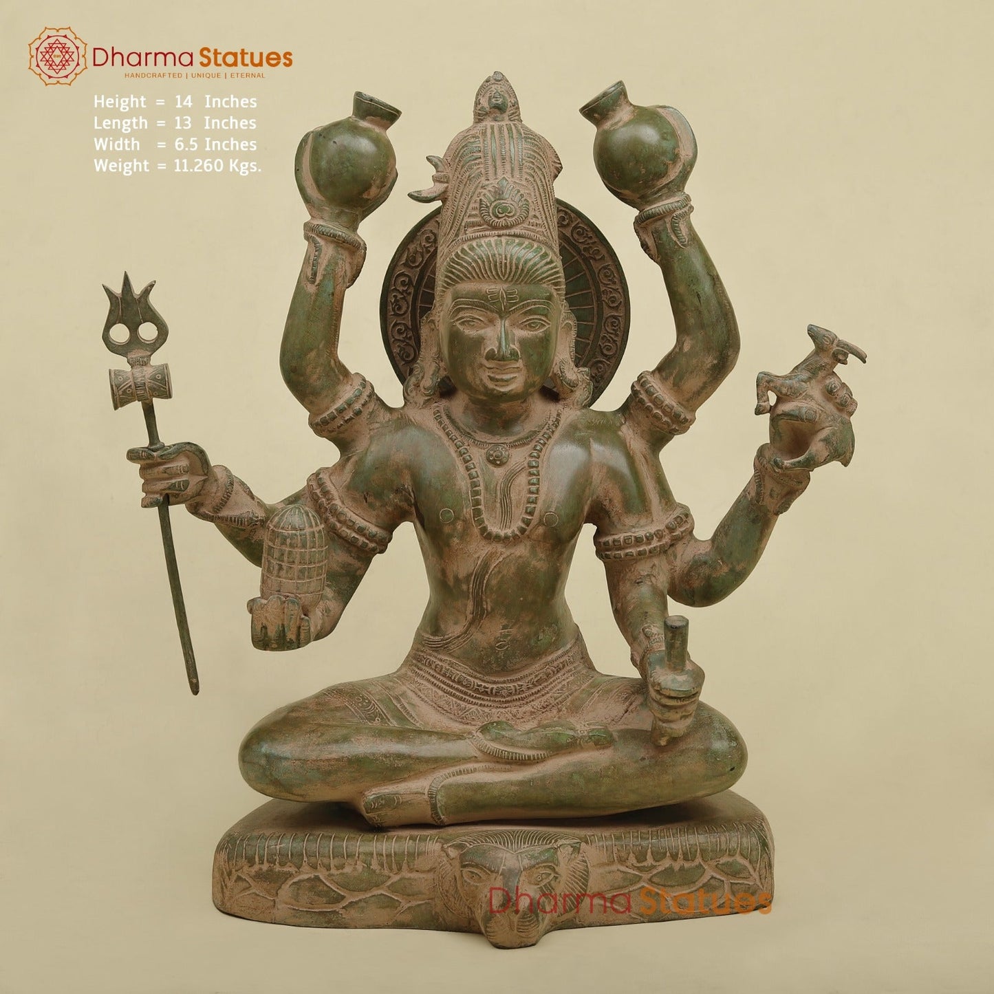 Brass Mahamritunjay Shiva Seated, Antique Green Finish 14”