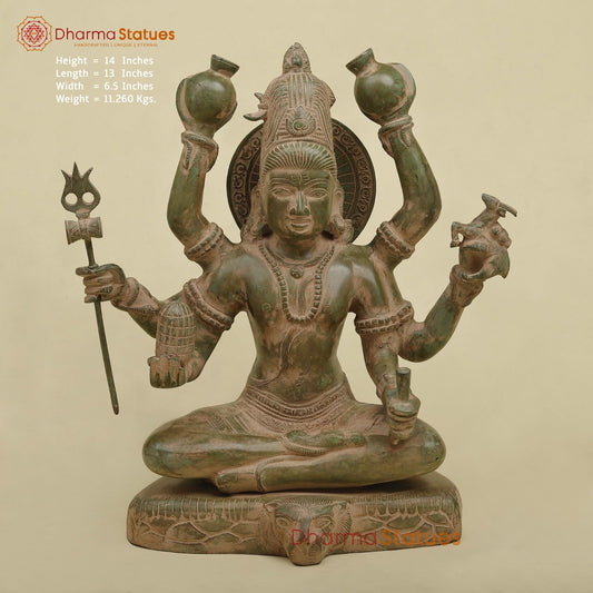 Brass Mahamritunjay Shiva Seated, Antique Green Finish 14”