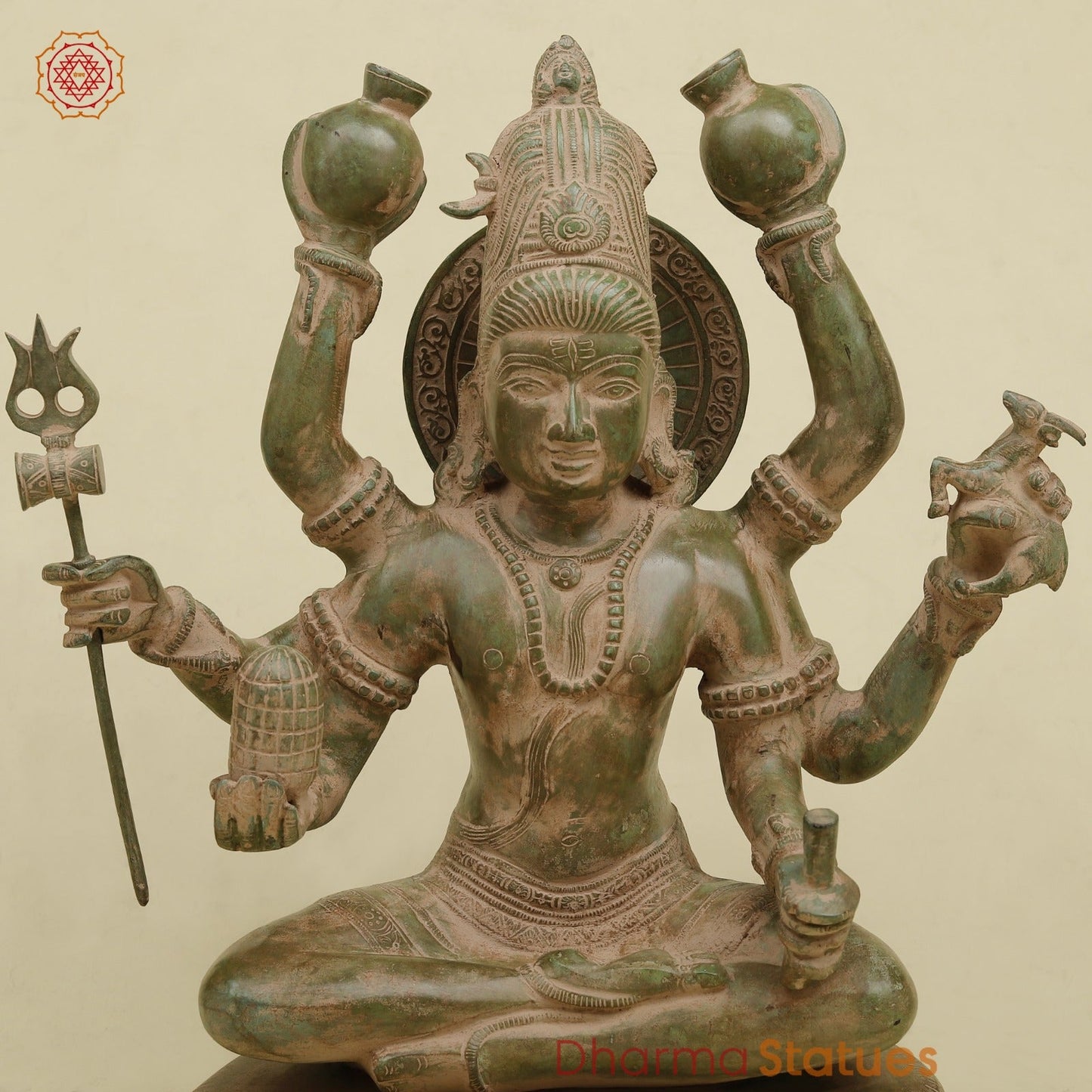 Brass Mahamritunjay Shiva Seated, Antique Green Finish 14”