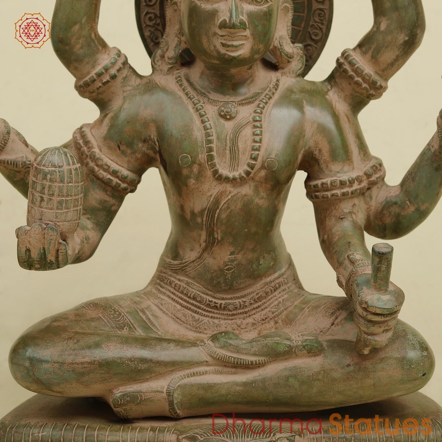 Brass Mahamritunjay Shiva Seated, Antique Green Finish 14”
