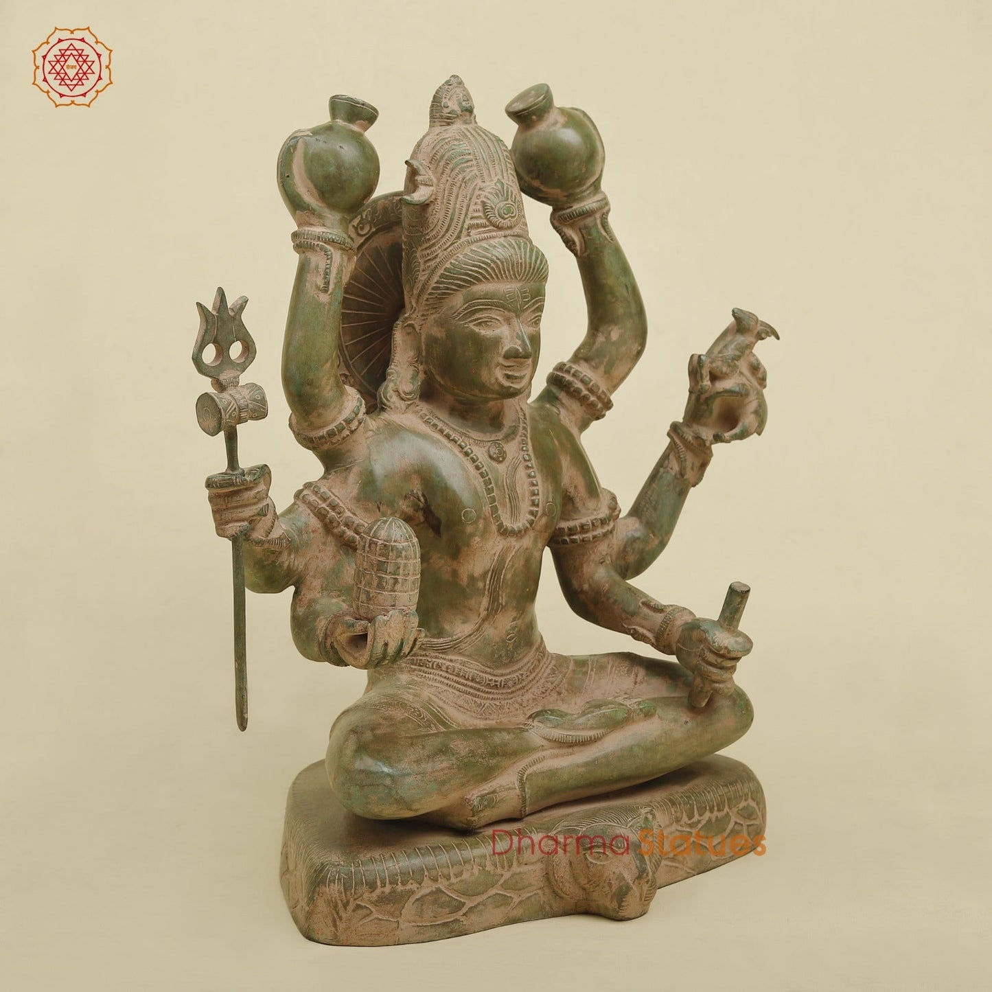 Brass Mahamritunjay Shiva Seated, Antique Green Finish 14”