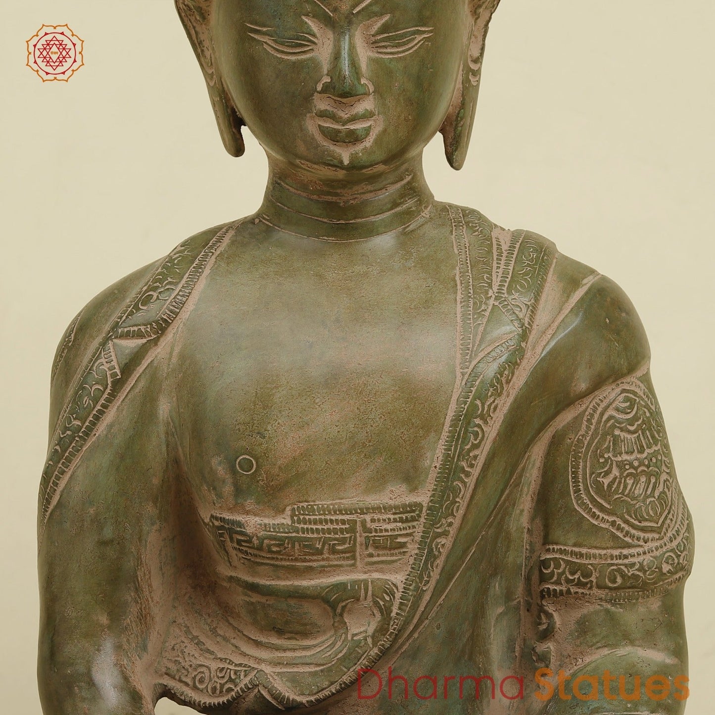 Brass Meditating Buddha, Antique Green Finish 16.5”