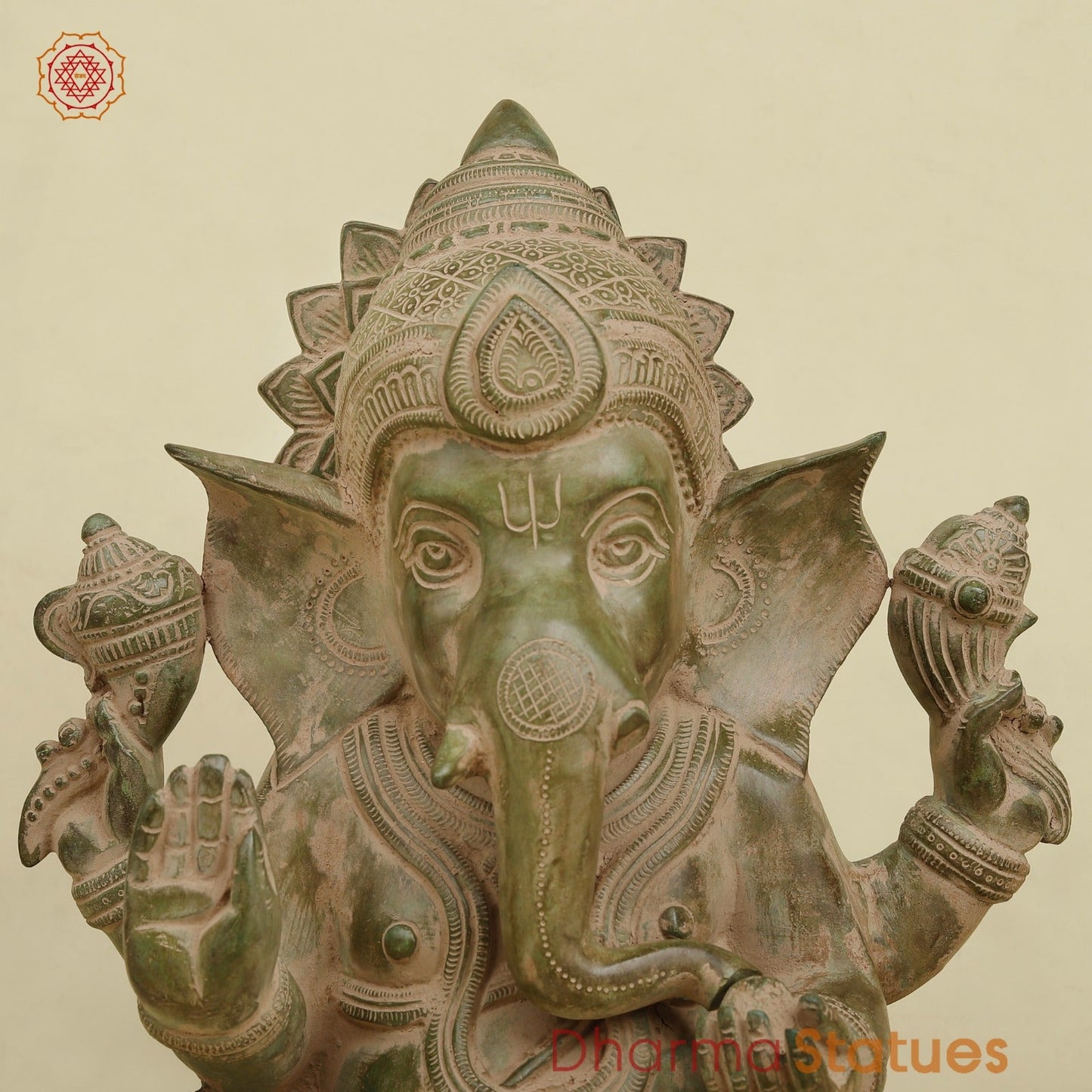 Brass Ganesh Seated Fine, Antique Green finish 15.5”