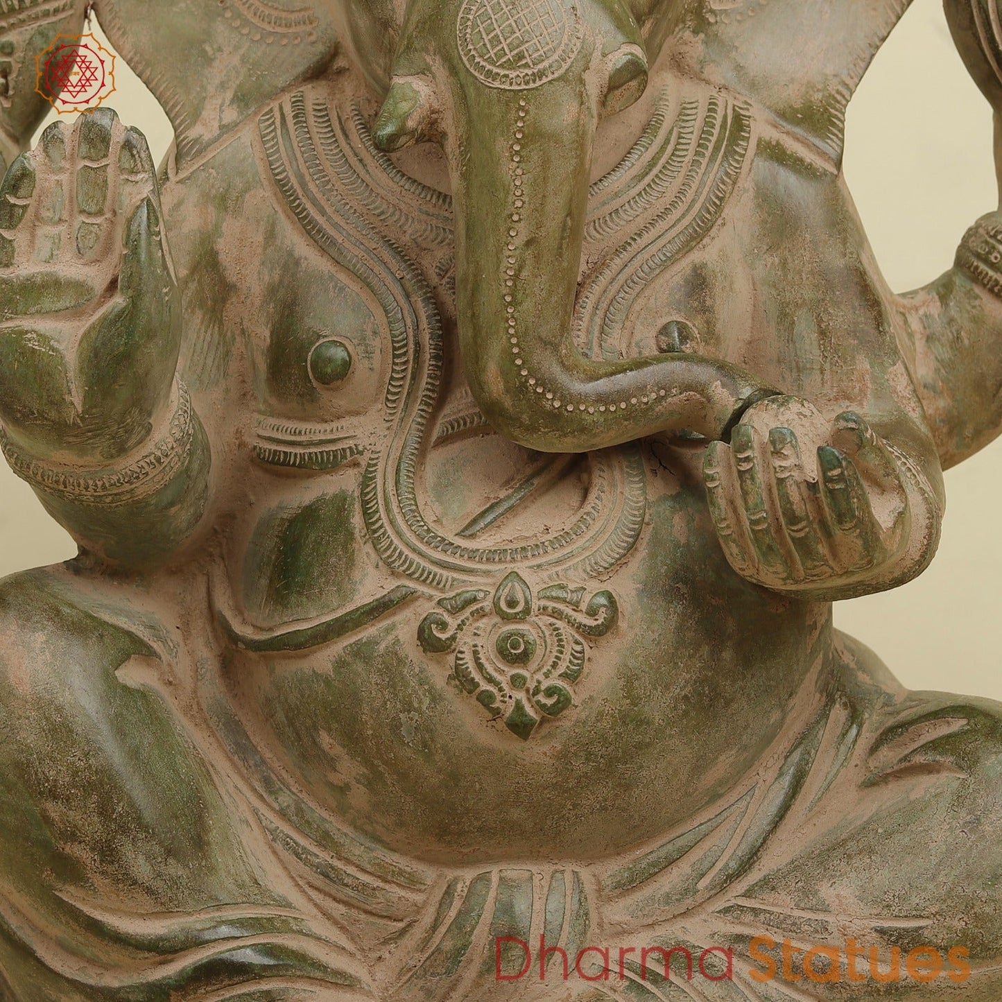 Brass Ganesh Seated Fine, Antique Green finish 15.5”