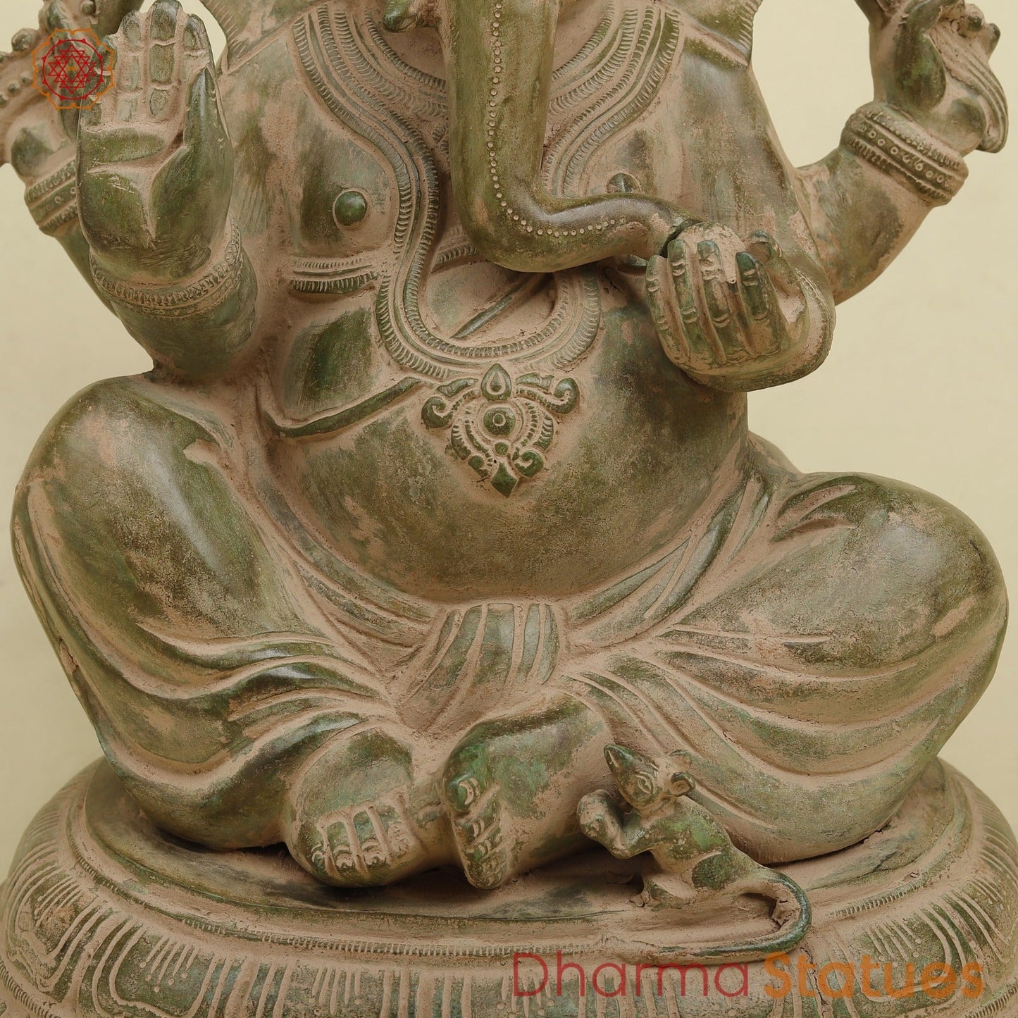 Brass Ganesh Seated Fine, Antique Green finish 15.5”