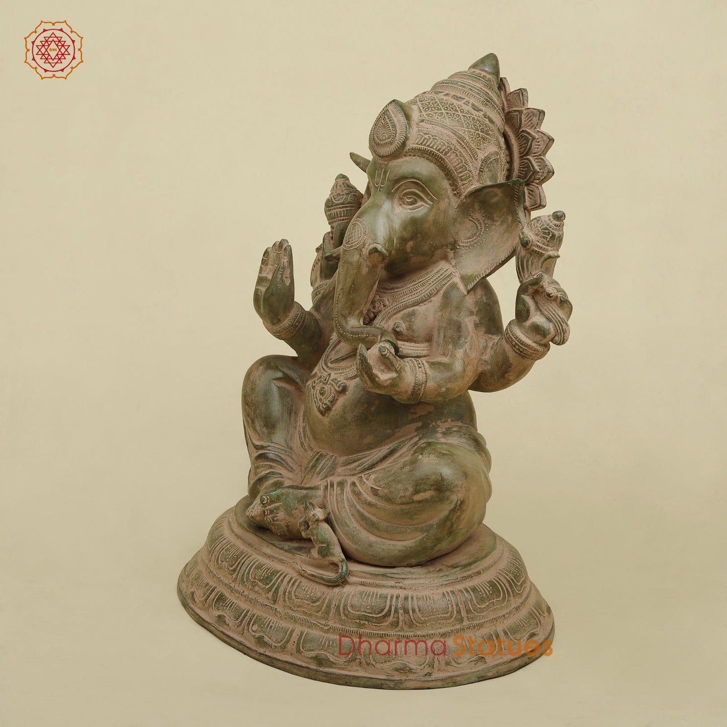 Brass Ganesh Seated Fine, Antique Green finish 15.5”