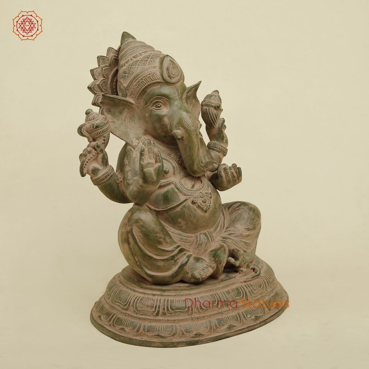Brass Ganesh Seated Fine, Antique Green finish 15.5”