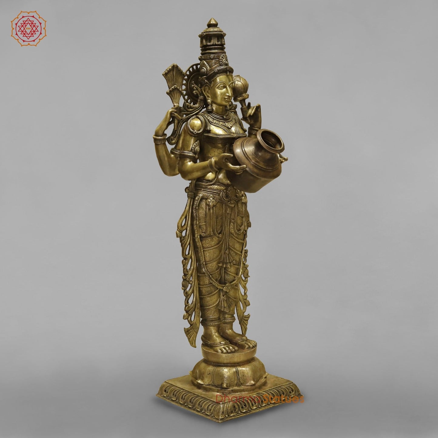 Bronze Laxmi Standing With Wealth Pot 68”