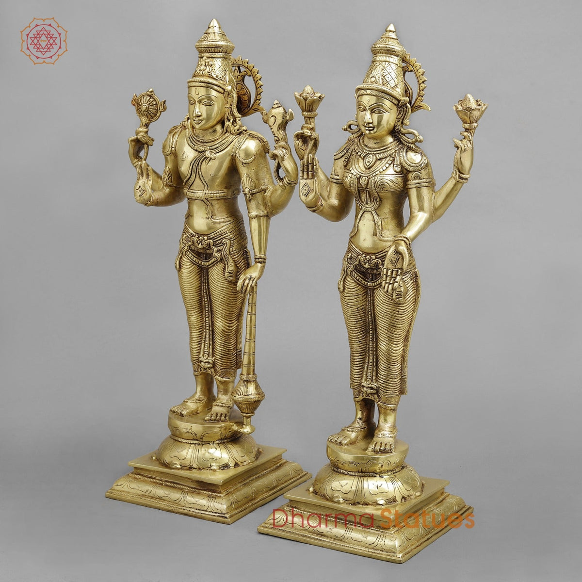 Brass Vishnu Lakshmi Standing, Golden Finish 20”