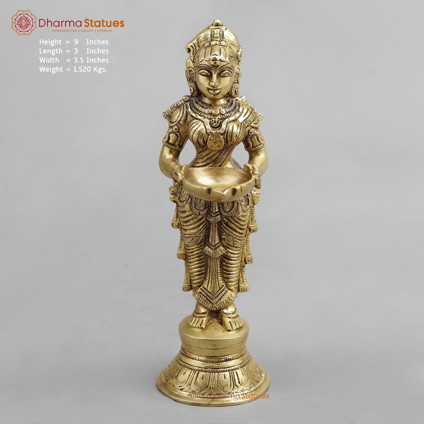 Brass Deep Lakshmi Standing, Golden Finish 9”